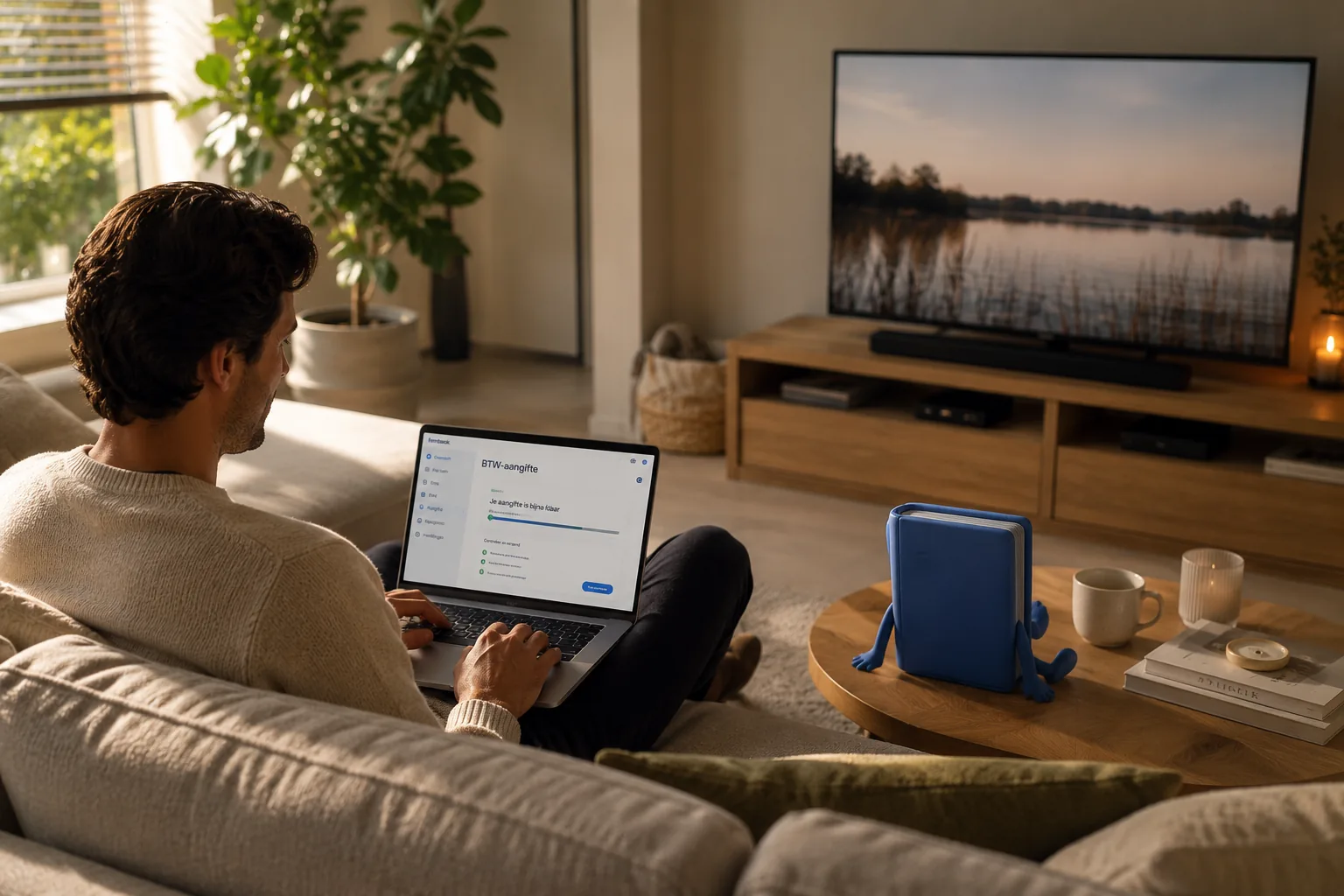 Ondernemer werkt thuis aan zijn BTW-aangifte met Finn in de kamer